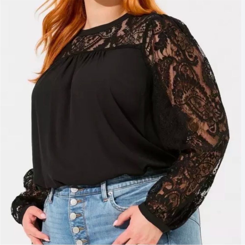 EUC Torrid Georgette Lace Yoke Long Sleeve Top Black Size 3X